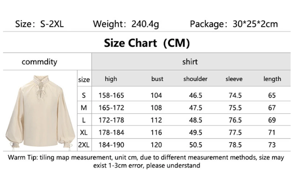 Medieval Renaissance Pirate Shirt Men Vintage Ruffled Stand Collar Long Lantern Sleeves Cosplay Victorian Shirt Gothic Top