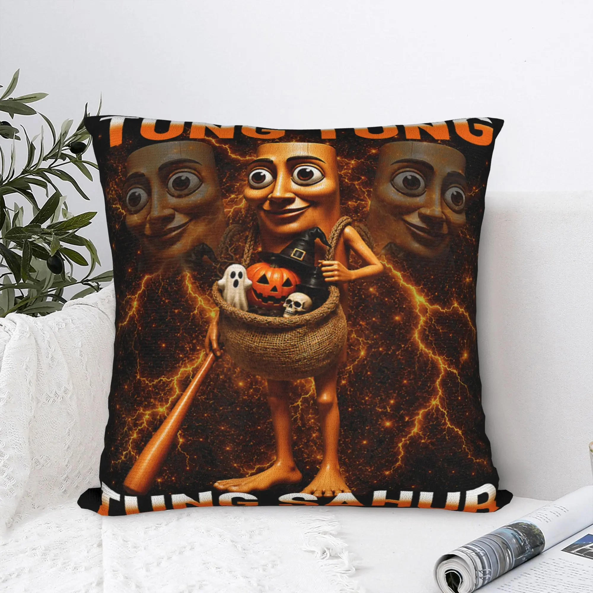 Tung Tung Tung Sahur is Calling Funny Italian Brainrot Pillow Cover Cushion Cover Retro Pillow Case For Sofa Bedroom Home Decor