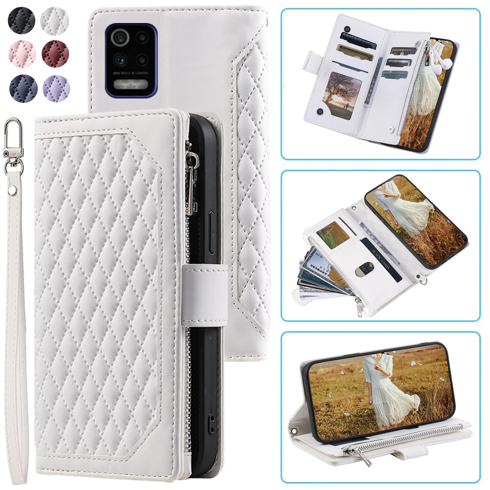 

Fashion Zipper Wallet Case For LG K52 Flip Cover Multi Card Slots Cover Phone Case Card Slot Folio with Wrist Strap