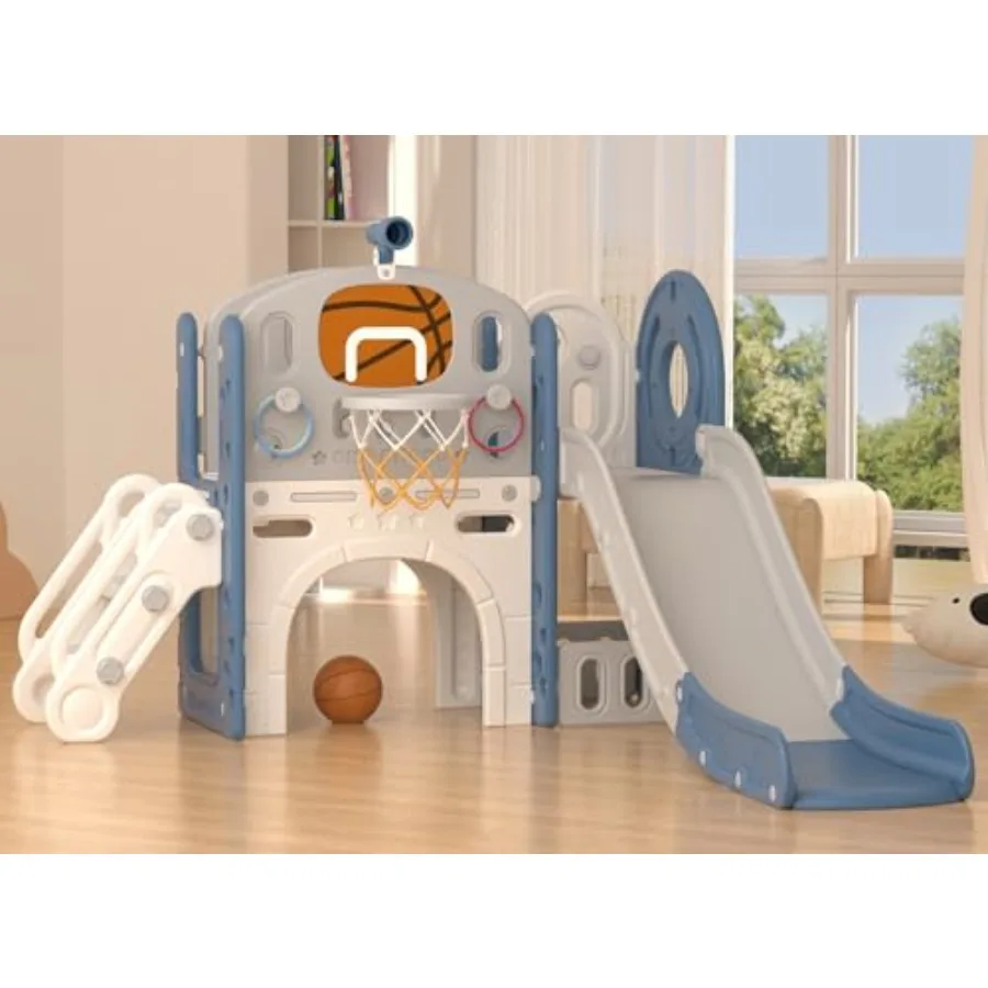 

8 in 1 Toddler Slide Set for Ages 1+ Blue Gley Outdoor Indoor Playground with Basketball Hoop and Ball Climber Slide Playset