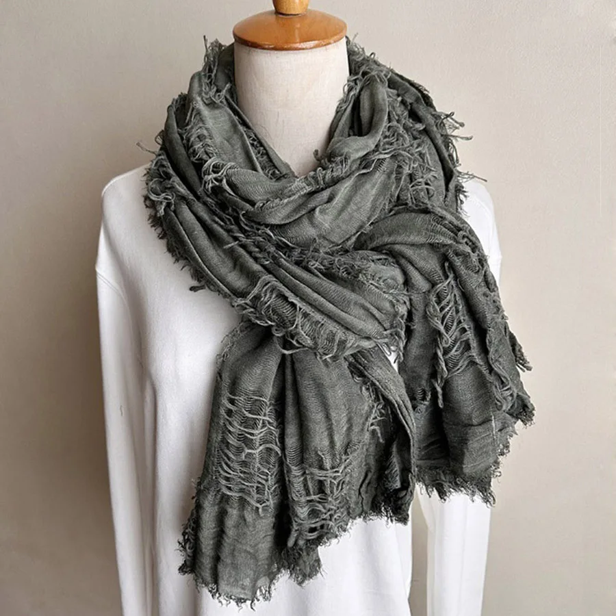 Fashion Wasteland Style‌ Cotton Scarf Dirty Dyed Wrinkled Scarves Damaged Hole Long Shawl Retro Autumn Winter Beggar Scarf