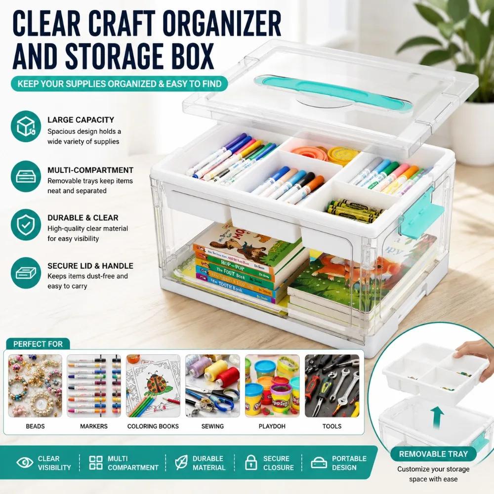 

Clear Craft Organizers and Storage with Trays Art Supply Organizer Storage Box with Lid for Beads Markers Sewing Playdoh Tools