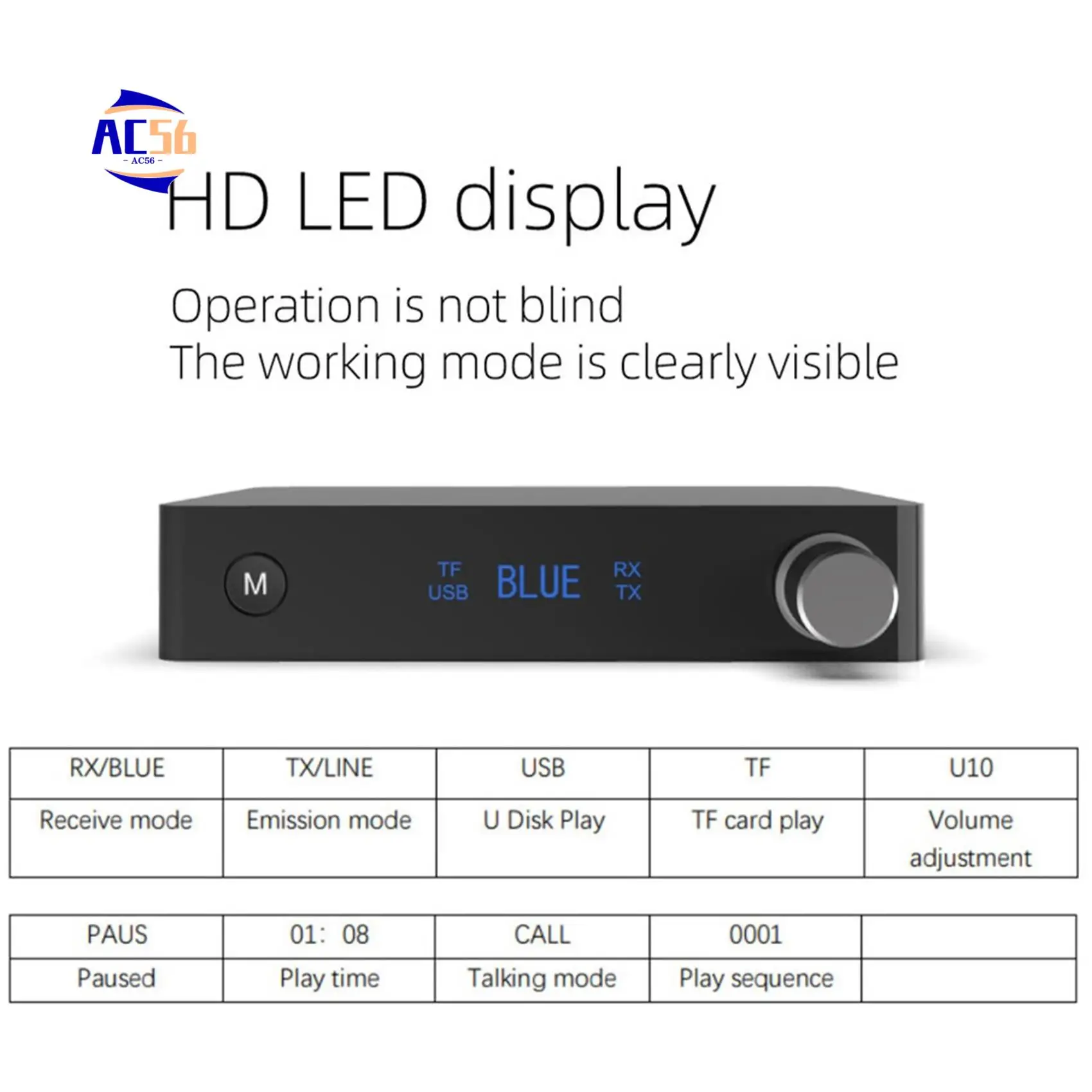 

AC56-Digital Display Bluetooth 5.0 Adapter,Bluetooth Transmitter And Receiver,3.5Mm AUX, RCA Output, U Disk TF Card Playback A