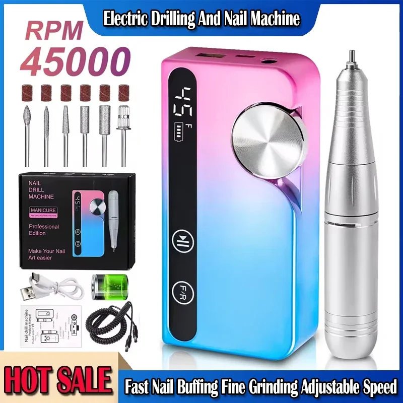 45000RPM Rechargeable Nail Drill Professional Low Noise Polishing Nail Machine Suitable for Gel Nail Polish Polishing Tool