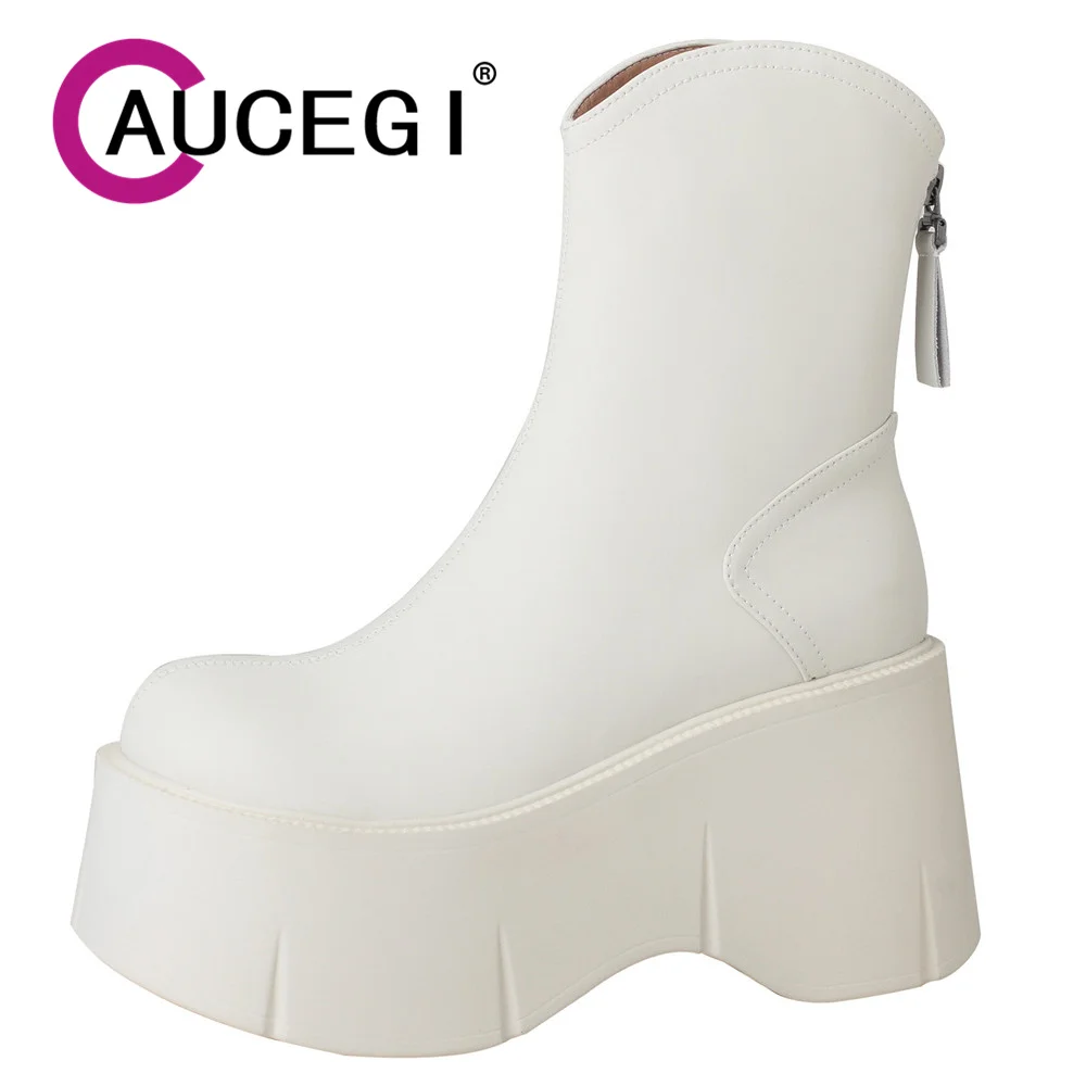 

Aucegi 2024 New Women Ankle Boots Basic Genuine Leather Back Zipper Round Toe Thick High Heels Platforms Manual Made Shoes White