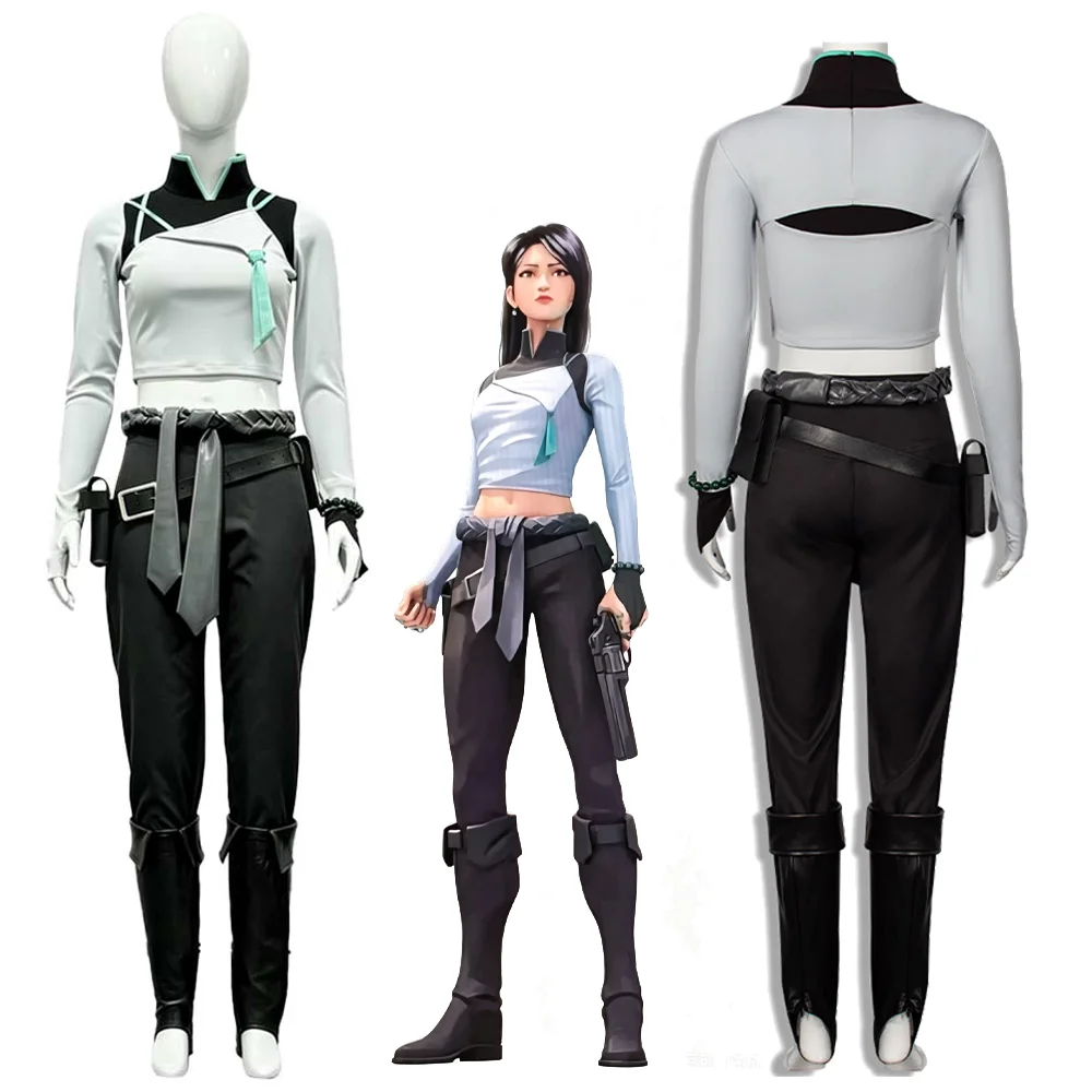 Valorant Sage Cosplay Costume Women Stand Collar Crop Top Tactical Pants Waist Sash Hand Cuffs Outfit Halloween Carnival Disguis
