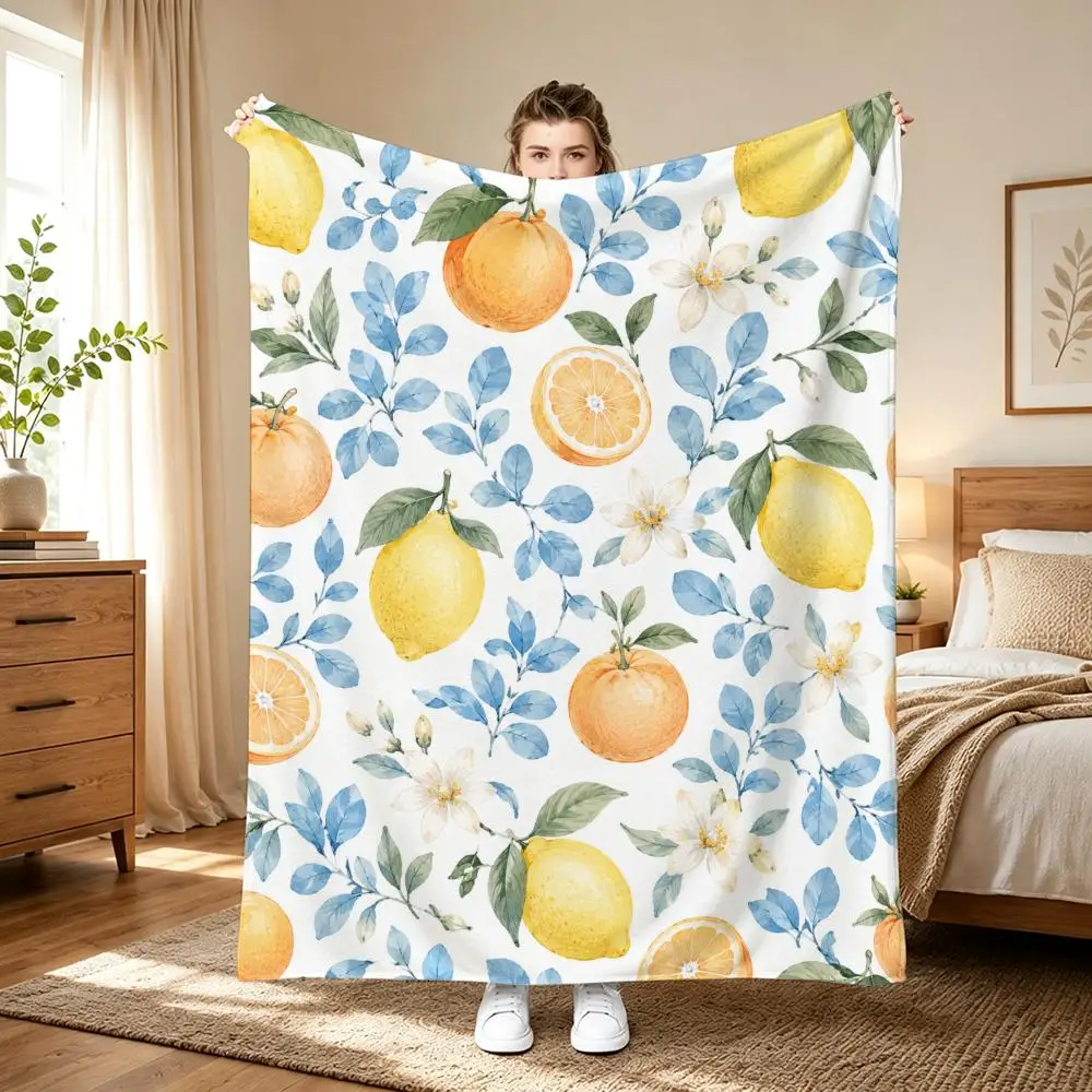 Vintage Fruit Floral Pattern Throw Lightweight 240g Flannel Blanket Soft Skin-friendly for Summer Cooling