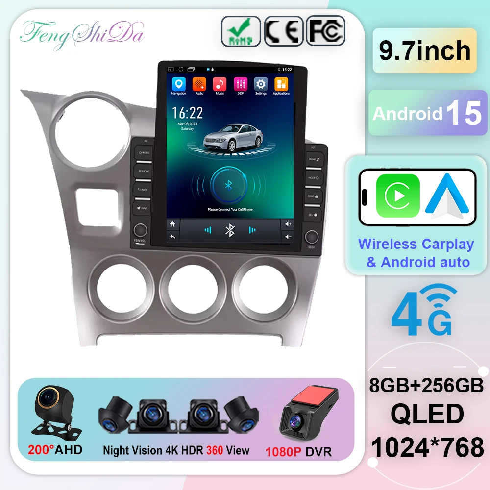 9,7 "Android 15 Radio de coche para Toyota Matrix 2 E140 2008 2009 2010 2011 2012 2013 2014 reproductor Multimedia de navegación Carplay Auto