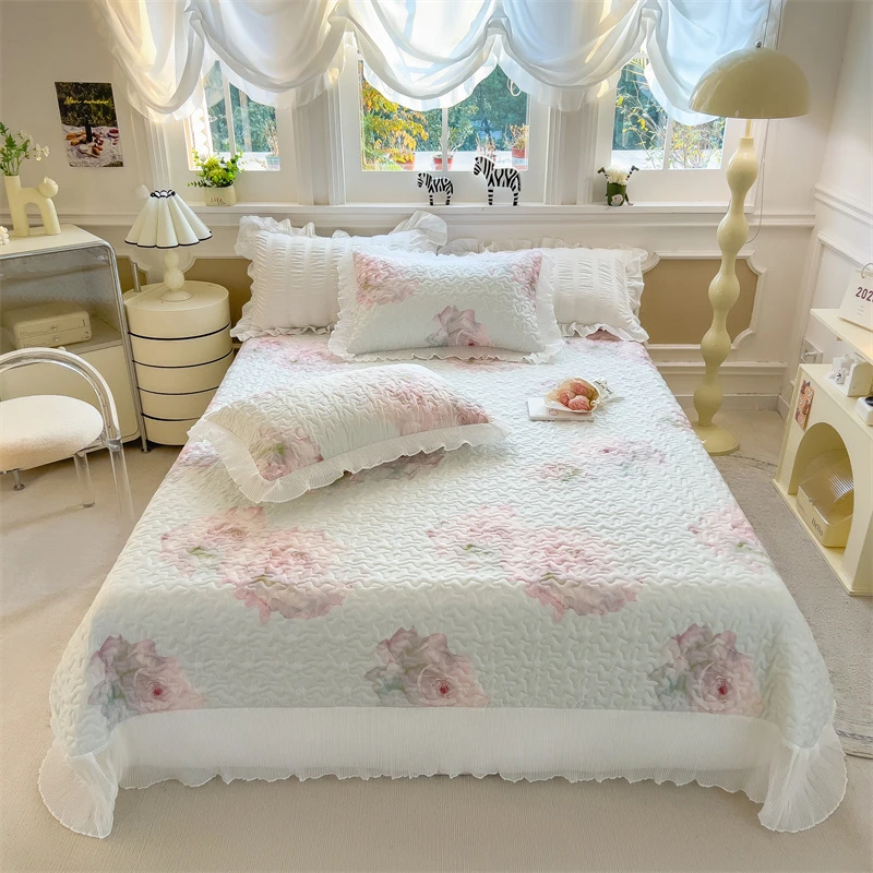 

Sweet Princess Style Flower Print Tencel Bed Cover/Skirt 3Pcs,Delicate Chiffon Pleated Lace Bedspread With 2pillowcase