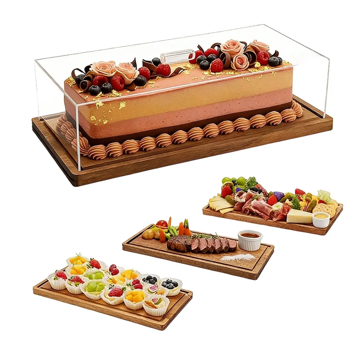2026 New Tool Wood Cake Stand & Acrylic Lid, Charcuterie Table Display Set, Wooden Dessert Board with Cover, Rectangle Flip Tray