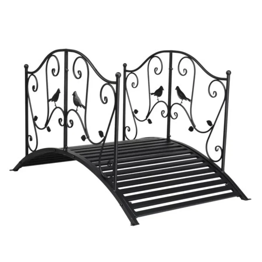 Black Arched Handrail Iron Bridge with Bird Pattern 119x67x71 Cm for Courtyard Garden Arch Pergolas Decorative Garden Supplies