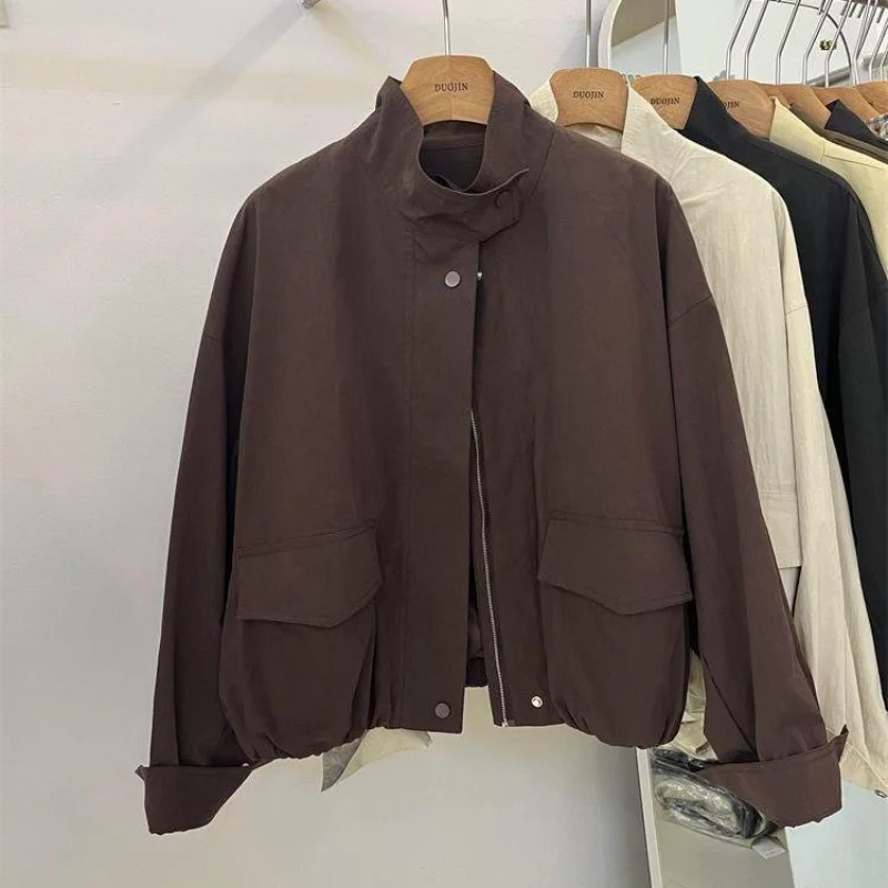 

Корейская милая крутая женская осенняя свободная ветровка с коротким воротником-стойкой, повседневная рабочая куртка, топ