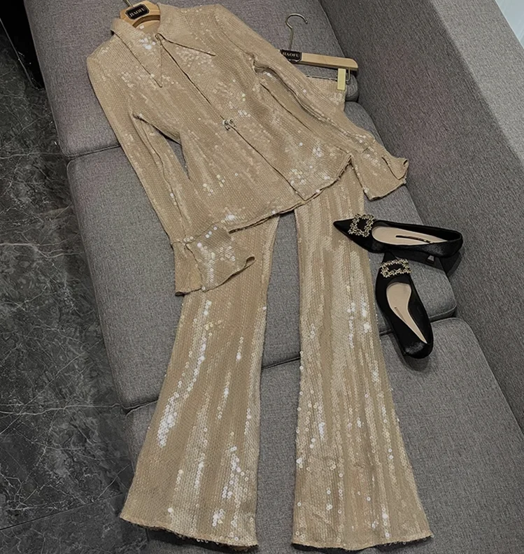 

2024 Spring European Style Shinny Sequins Lady Suit Turn-down Collar Long Sleeve Shirt Flared Pants Women 2Pcs