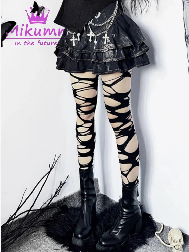 Mikumn Harajuku Gothic Black Sexy Women Socking Y2k Grunge Hollow Out Dark Mesh Pantyhose Punk Rock Chic Streetwear