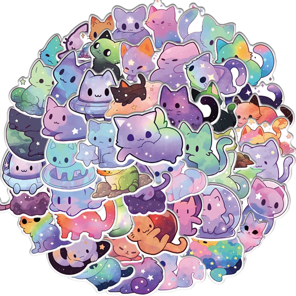 50pcs/bag Cute Starry Sky Cat Stickers Purple Cartoon Cute DIY Diary Notebook Evelope Luggage Waterproof DIY Laptop Decal