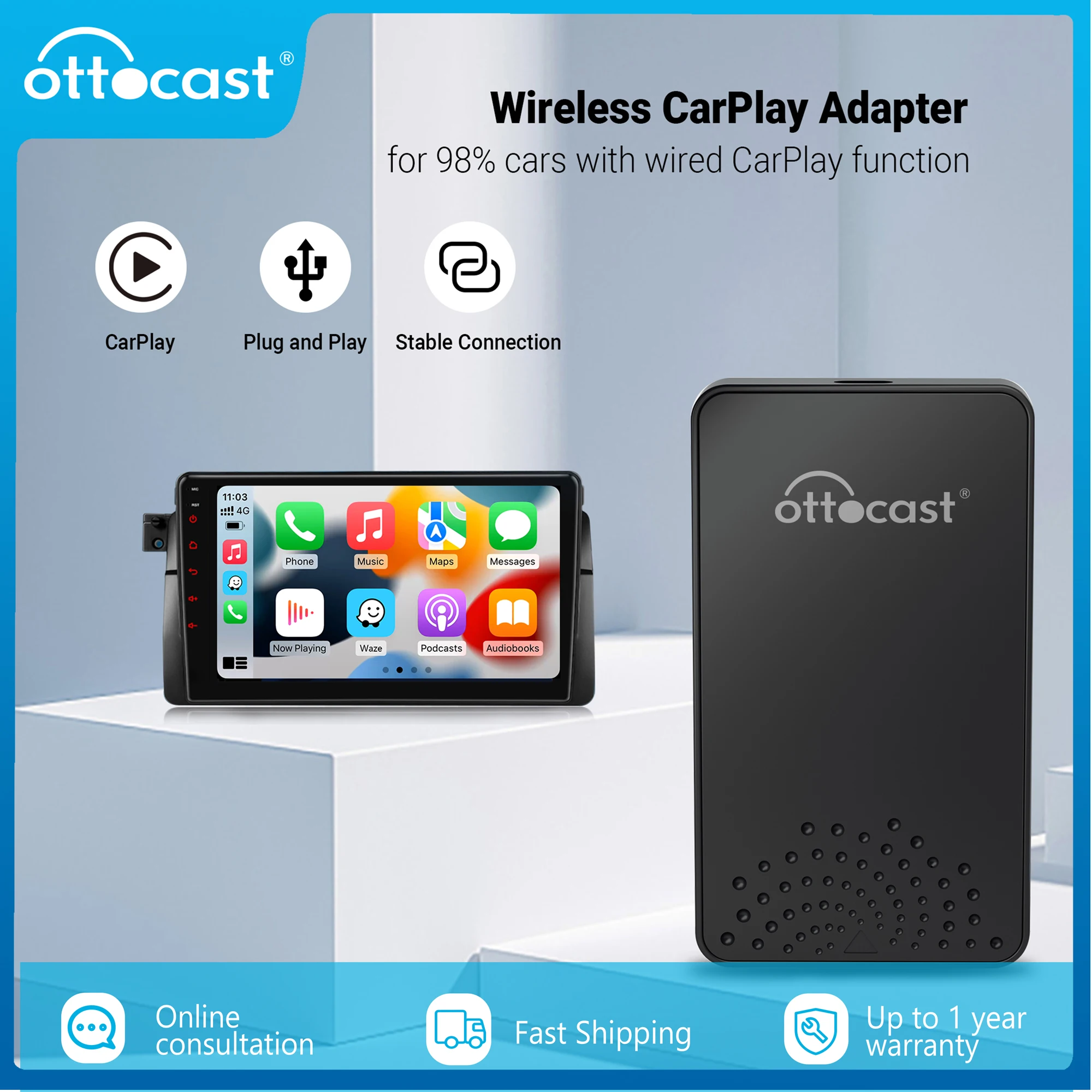 

OTTOCAST Wireless CarPlay Wired To Wireless Adapter Dongle Multimedia Player Auto Part for Audi Ford Honda VW MG Chery Chevrolet