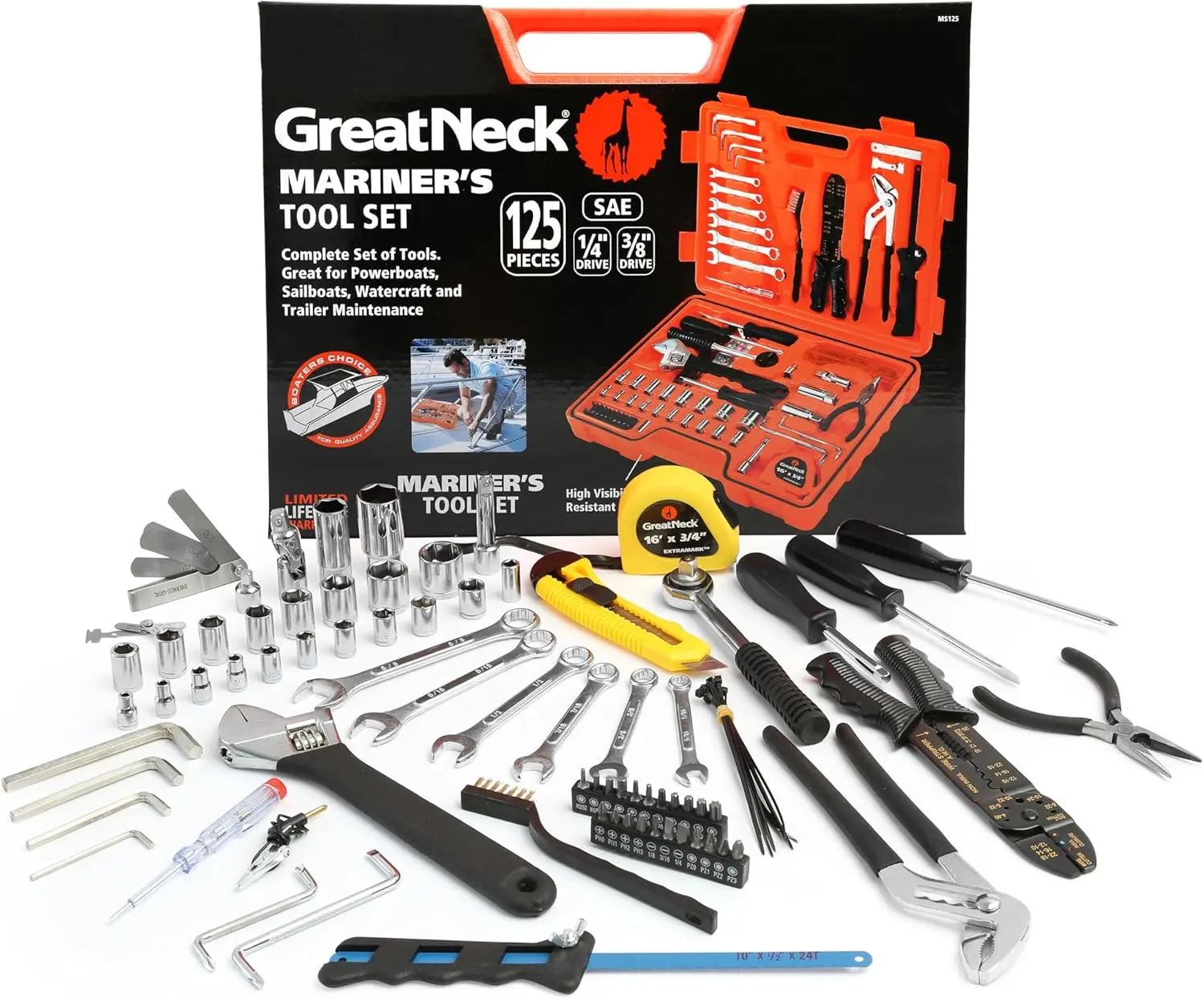 

125-Piece Marine Tool Set with Water-Resistant Case, Anti-Rust Chrome Finish - Ideal Gifts for Men and Dads