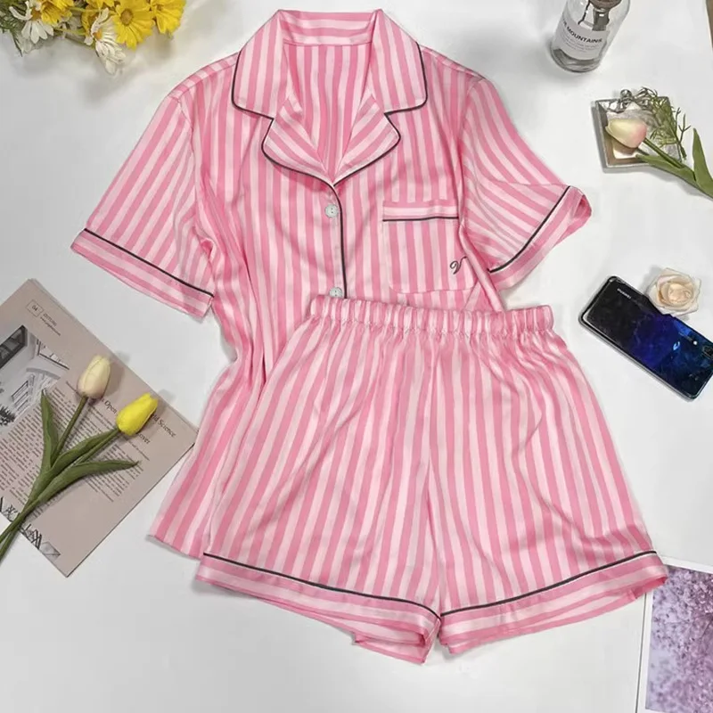 

New pink striped ice silk pajamas female short-sleeved silk home clothing summer suit summer