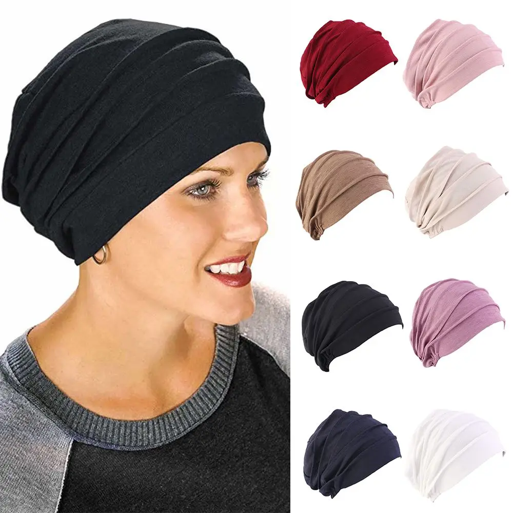 Soft Cotton Elastic Sleep Caps Beanies Chemo Hat Hair Loss Headscarf Head Wrap Women Turban Hat Muslim Colorful Hijabs