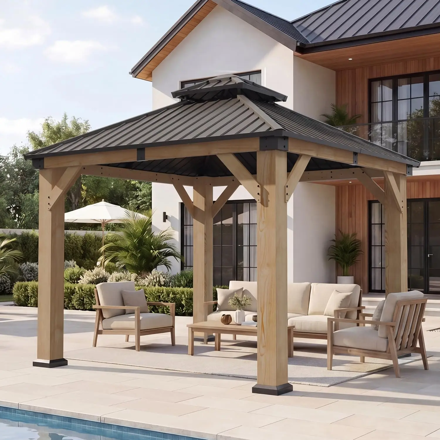 

10' x 10' Outdoor Wood Gazebo, Hardtop Gazebo Permanent Wooden Pavilion with Galvanized Steel Double Roof, for Garden,, Custom