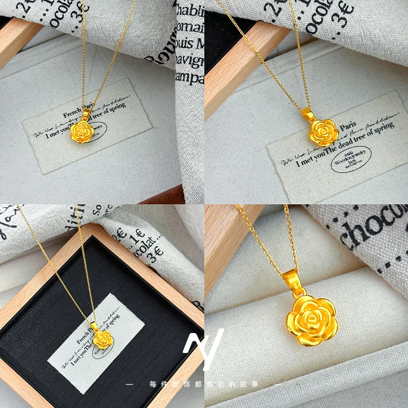 Vietnam sand gold romantic small rose pendant female ancient method gold delicate flower collarbone necklace jewelry 9999gold