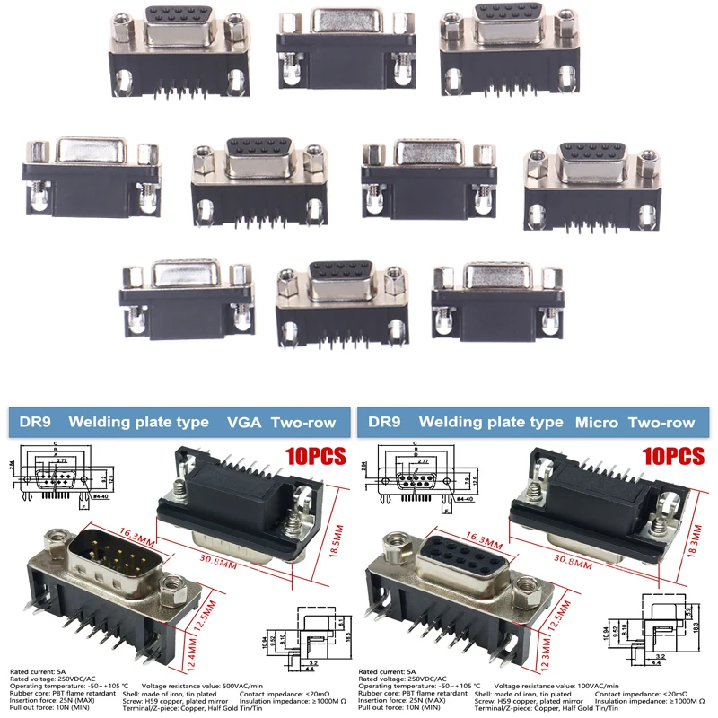 10Pcs DR9 Hole/Pin Female/Male  DR9Hole Connector Right Angle Welded D-Sub 9 Pin Connector RS232 Connector 90 Degree Bent Needle