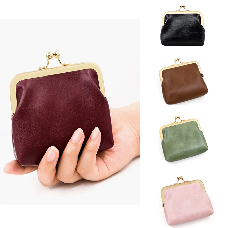 2pcs Set Vintage Oil Faux Leather Women Mini Wallets with Kiss Lock Candy Colors Large Capacity Clutch for Coins & Lipstick