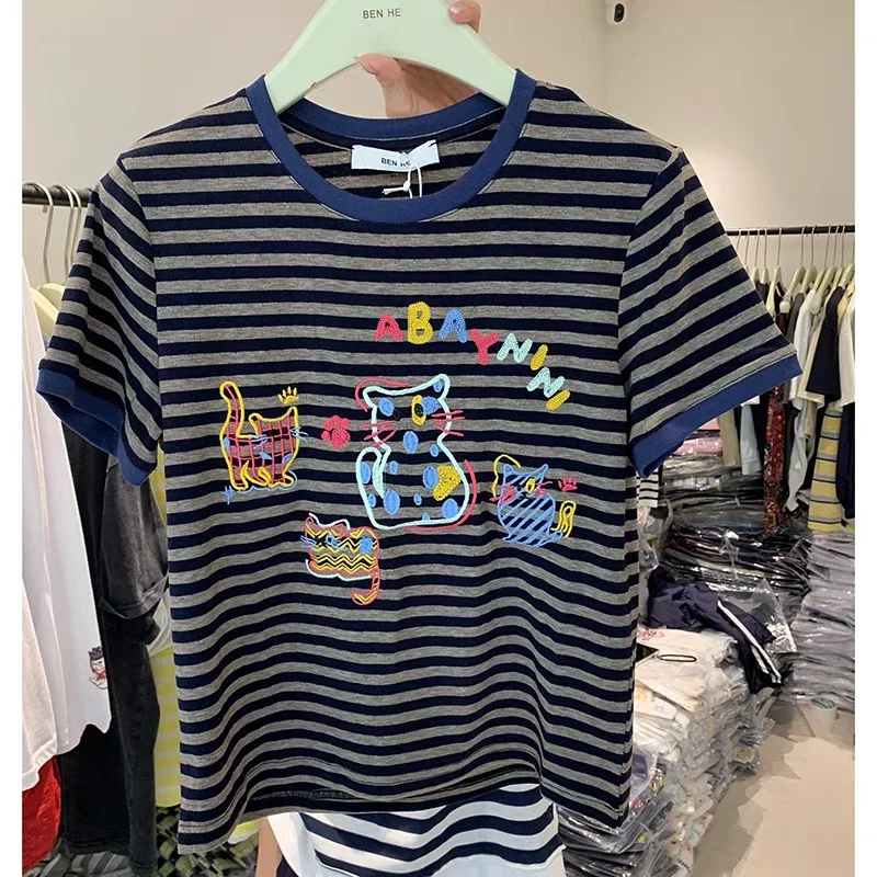 Verão listrado camisola de malha t feminino gatinho bordado manga curta o-pescoço topos malhas moda casual elegante chique jumpers