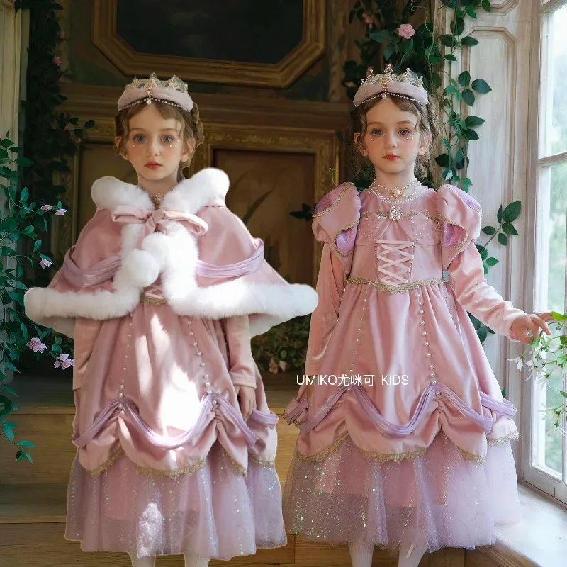 Pink Velvet Girls Princess Dress Furry Cape Puff Sparkle Tulle Kids Victorian Ball Gown Children Birthday Party Costume