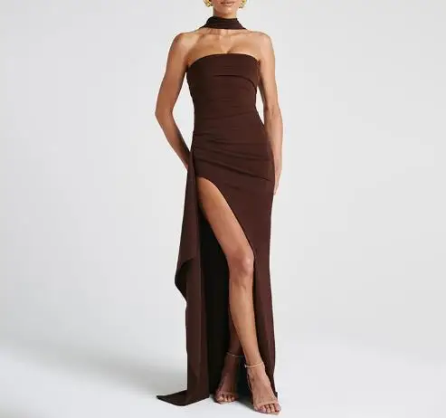 

Summer Dress Woman 2025 Solid Color Sexy Pleated Strapless Dress for Women Sexy High Waisted Tight Pleated Slit Sleeveless Dress