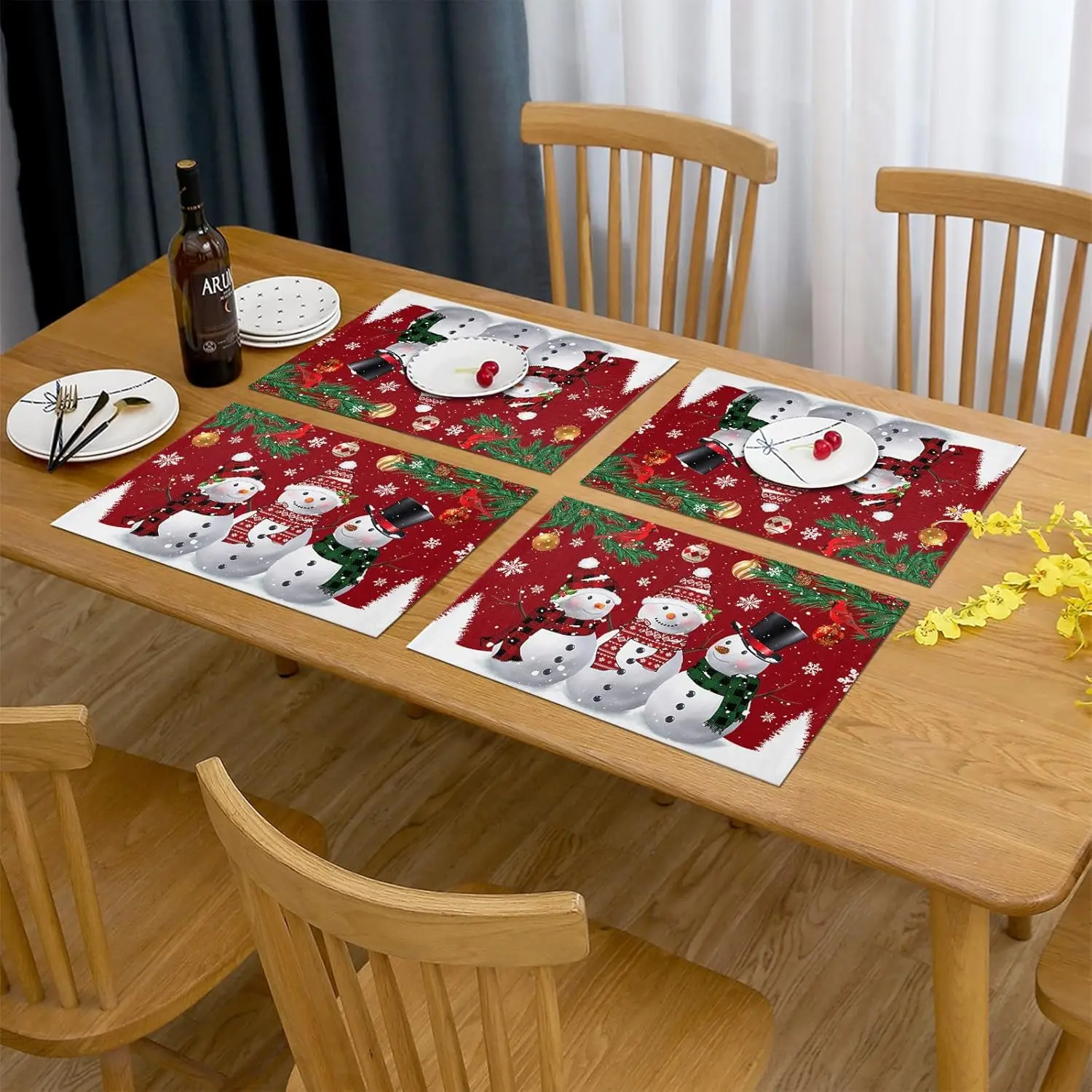 

Christmas Cute Snowman Winter Scenery Red Table Placemats Dining Decor Kitchen Washable Dining Table Mat Navidad Decorations
