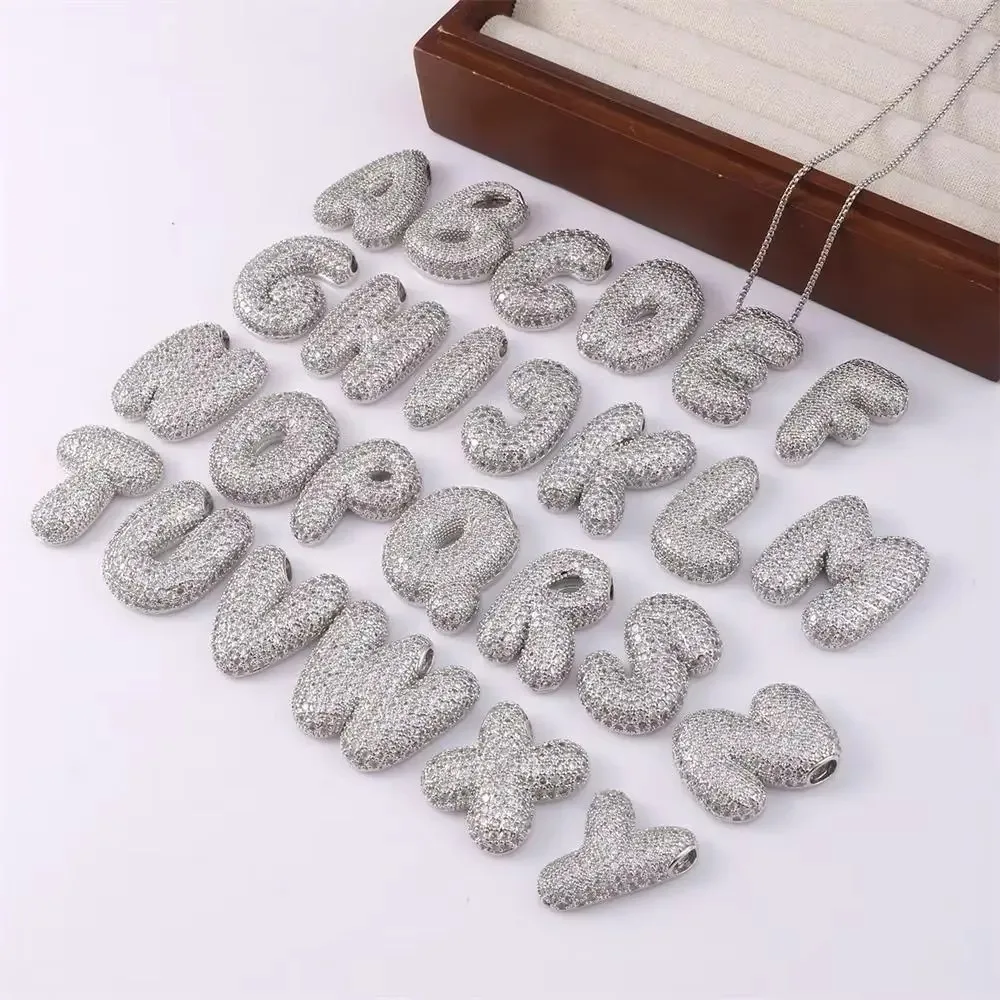 Neue Premium Silber Farbe Pave CZ Zirkon Chunky Buchstaben Halskette Wasserdicht Alphabet Blase Initial A-Z Zierlicher Schmuck Bijoux Geschenk