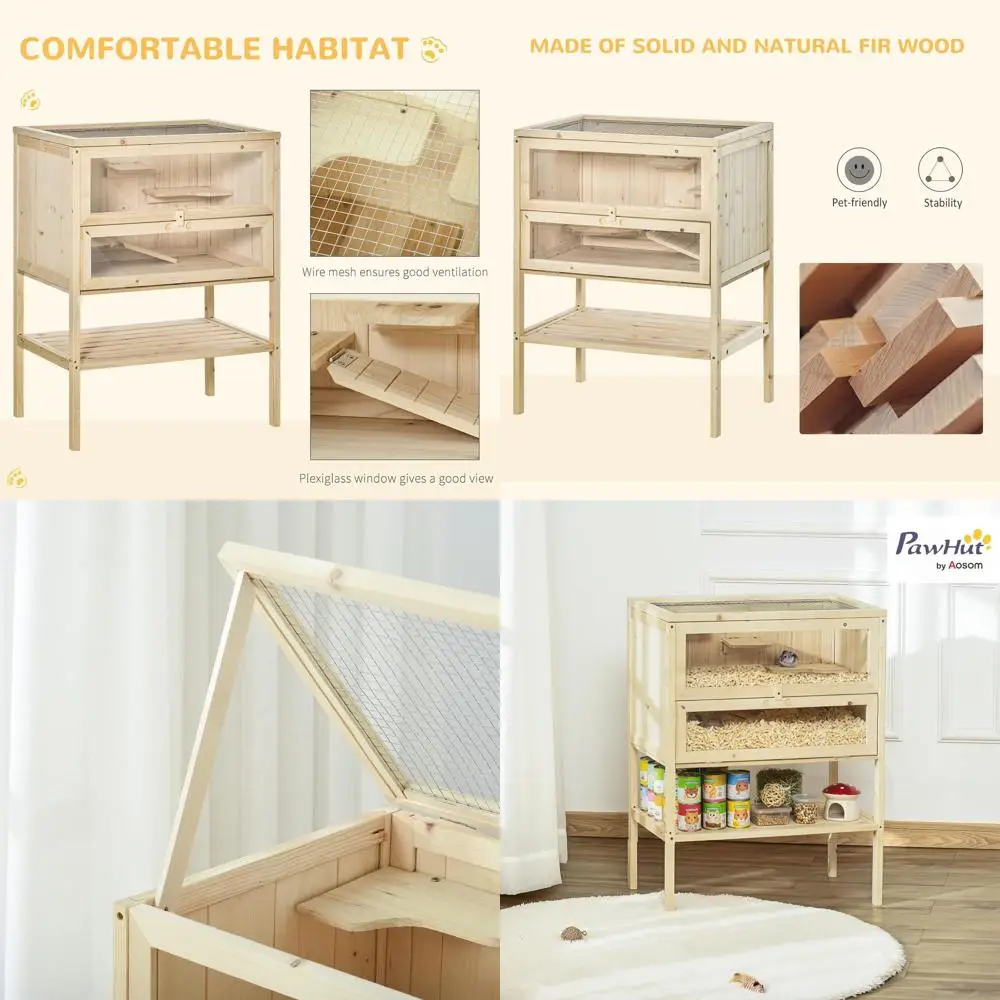 

3-х уровневая деревянная клетка для хомяка, клетка для мышей и крыс, шкаф для мелких животных с открывающейся верхней частью, входная дверь, полка для хранения, натуральное дерево