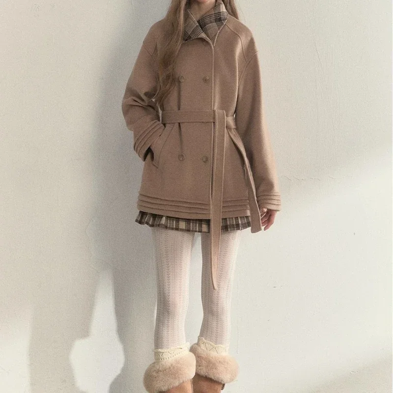 

Temperament Khaki/pink Plaid Neck Double-breasted Belt Retro Woolen Coat 2025 Winter Temperament Coat