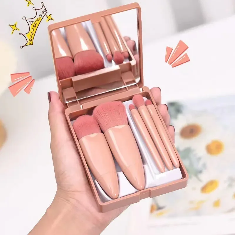 5 pçs pincéis de maquiagem portátil conjunto com espelho pó cosmético sombra de olho fundação blush mistura corretivo beleza compõem ferramenta