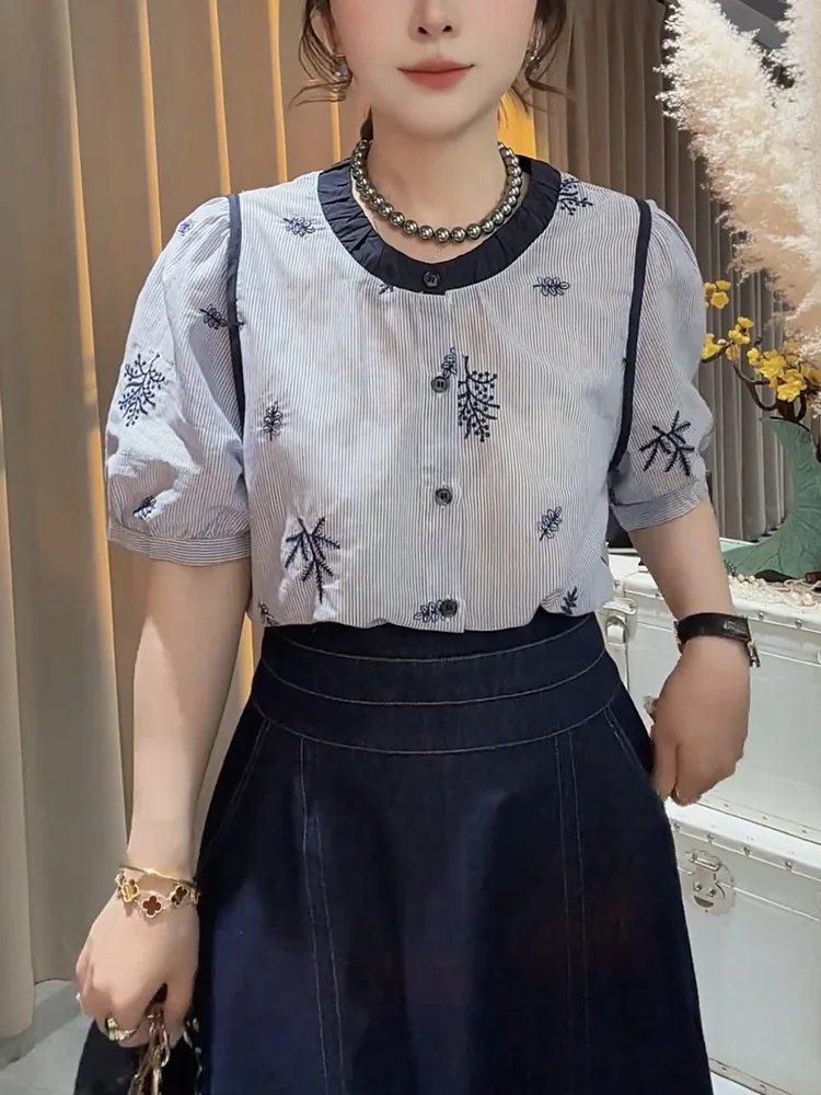 

Ele Summer 2025 Small Fraance Sle ort Sve Printed irt for plus Size Women Age Reduction Top Commute Korean Sle