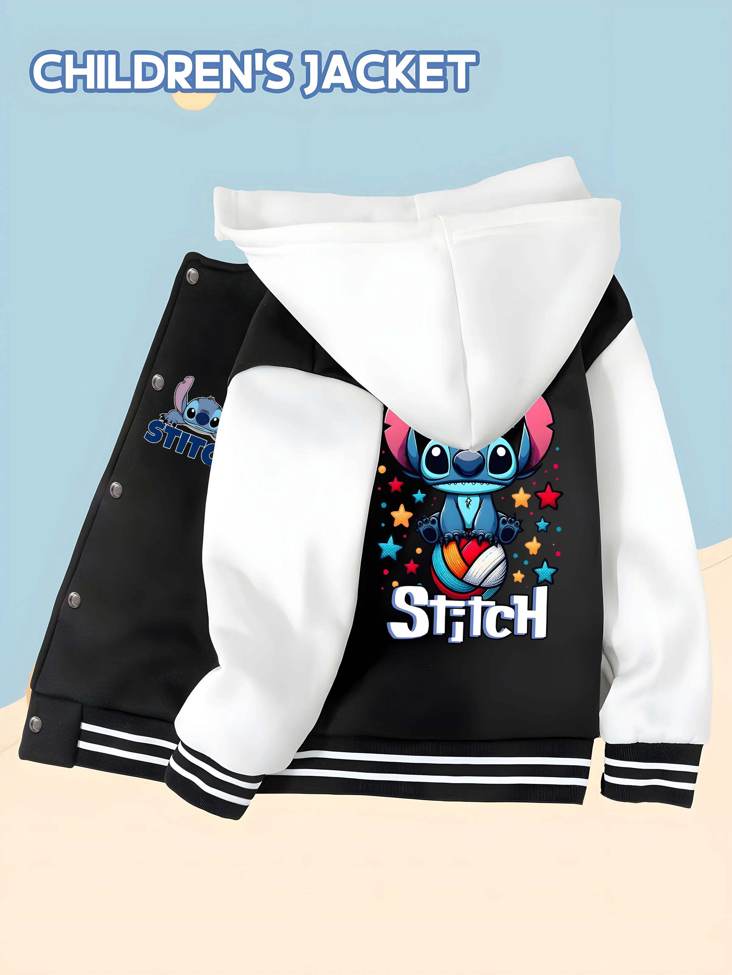 

MINISO Disney Boys' Baseball Jacket - Stitch Star Sports Print, Stylish and Dynamic, Comfortable Fabric