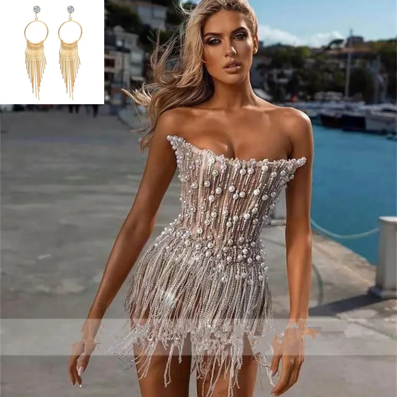 Sexy Strapless Pearls Beaded Tassel Mini Dress with earring Women Hot Party Clubwear Club Dress Short Evening Dresses Vestido