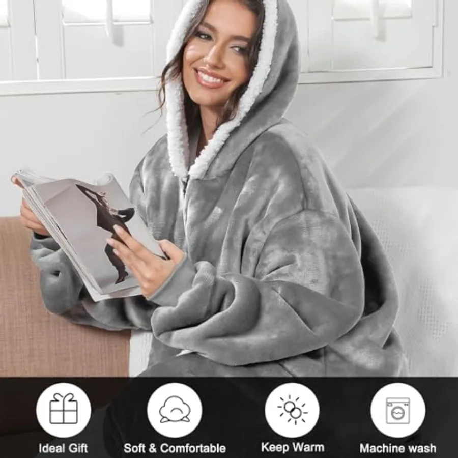Oversized Wearab Blanket Hoodie, Cozy Flannel Blanket with Sleeves and Zipper for Women, Mens, Teens view 2