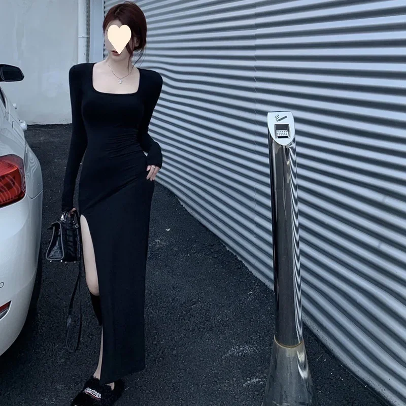 

Sexy Side Slit Dress For Women Tight-fitting Wrap Hip Over-the-knee Long Sleeved Dresses Black Street Bodycon Vestidos De Noche