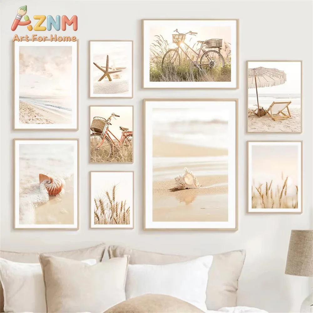 1PC Boho Beige Beach Starfish Shells Reeds Bike Wall Art Canvas Painting Nordic Posters And Prints Pictures Living Room Decor