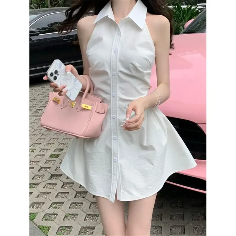 

Женское платье-рубашка с воротником-халтером, без рукавов, на пуговицах, приталенное, А-силуэт, мини-платье для повседневной носки и вечеринок