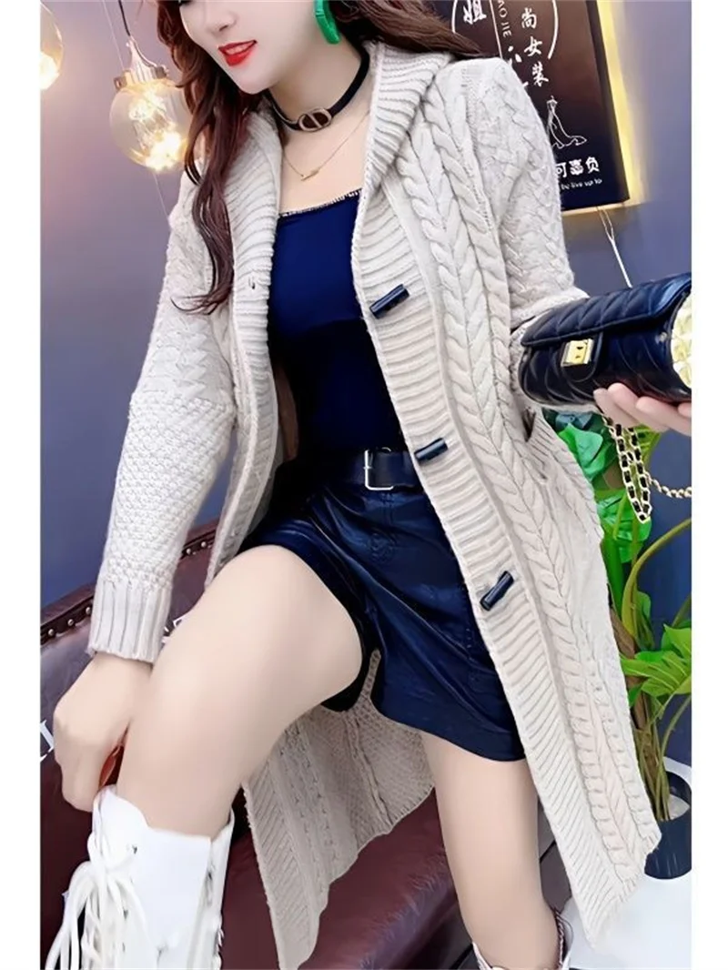 2024 New Korean Hooded Wool Knitted Cardigan Coat Women Autumn Winter Long Jacket Heavy Jacquard Outwear Sweater Tops Female