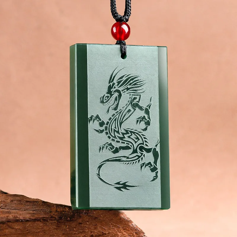 Genuine Natural Hetian Cyan Jade Dragon Pendant Necklace Shallow Carved Fashion Charm Jewelry Jadeite Amulet Gift for Men Luxury