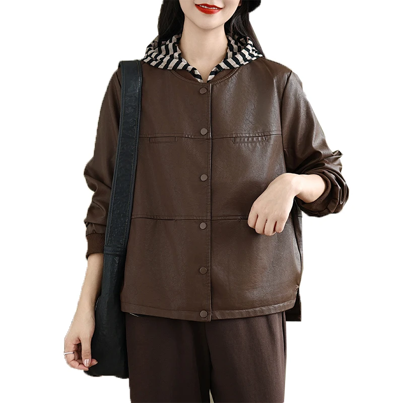 Premium PU Leather Brown ort Casual Jaet Women's Sle Baseball Collar Slimming Top for Autumn Winter Commute Faion