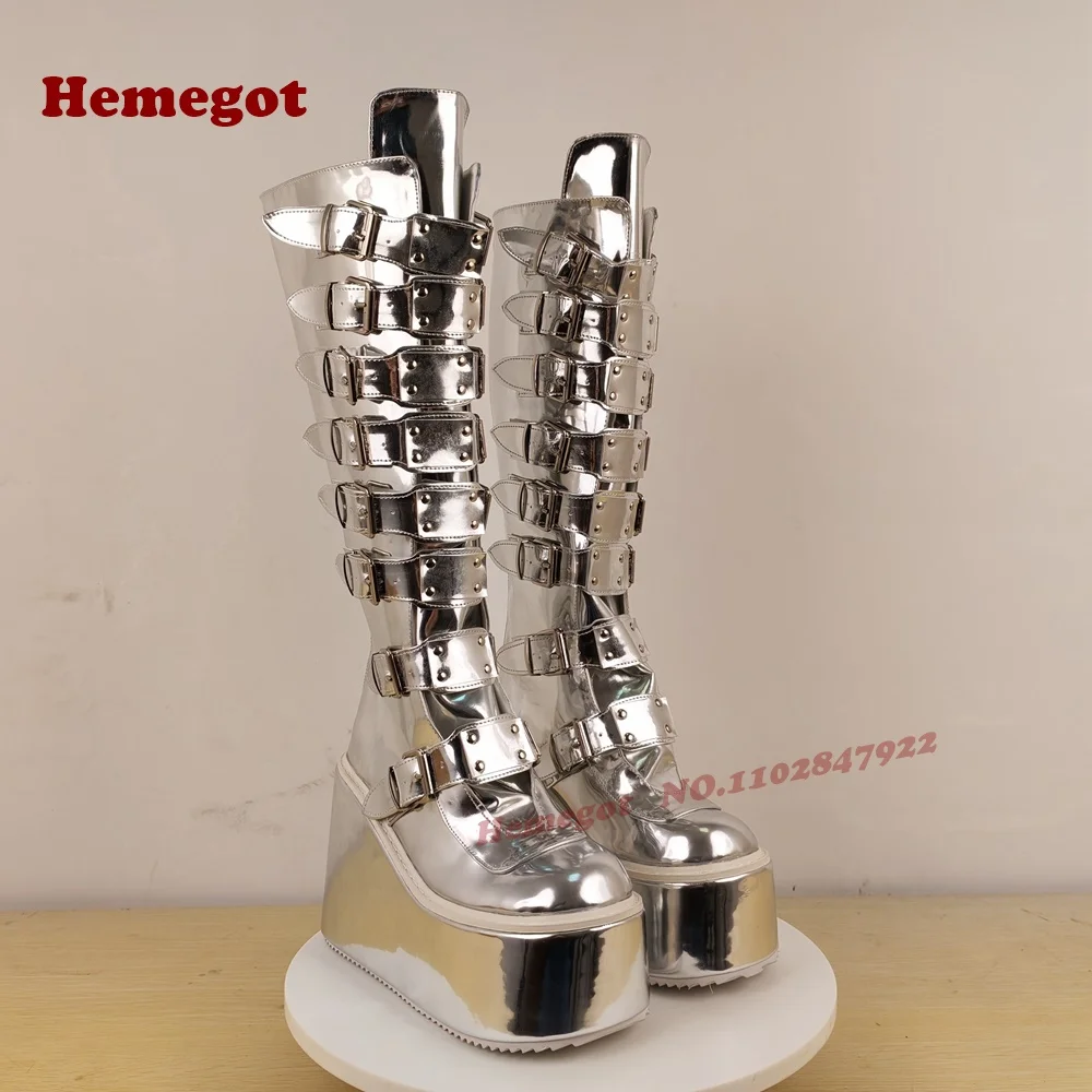 Silver Platform Belt-Buckled Boots Round Toe Wedges Metal Decor Women's Knee High Boots Glossy Gothic Punk Shoes Thick Soled view 4