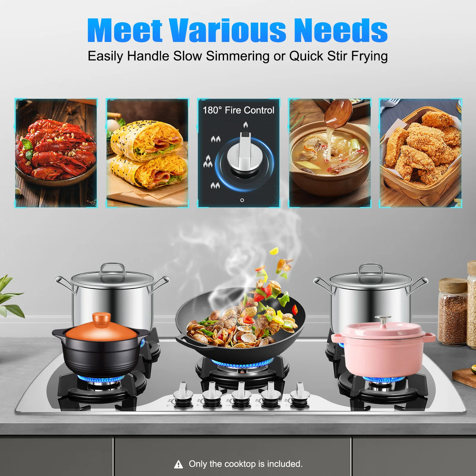 

Kitchen Efficient Gas Cooktop, Home Commercial 5 Burners Cooking Cooktop, Built-In/Countertop 180° Fire Control Knobs Cooktop
