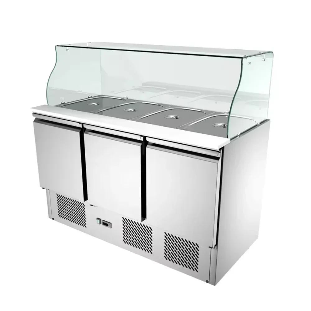 

Machine Commercial Two glass Doors Refrigeration Equipment Pizza Prep Fridge Under salad bar counter Sandwich Prep Table