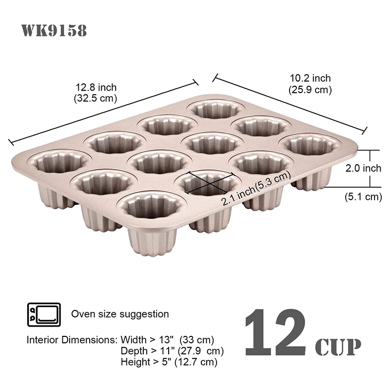 Imagem -02 - Panela de Bolo Canele Antiaderente Bakeware Cupcake de 12 Cavidades Muffin Pan Bakeware para Cozimento de Forno Champanhe Ouro