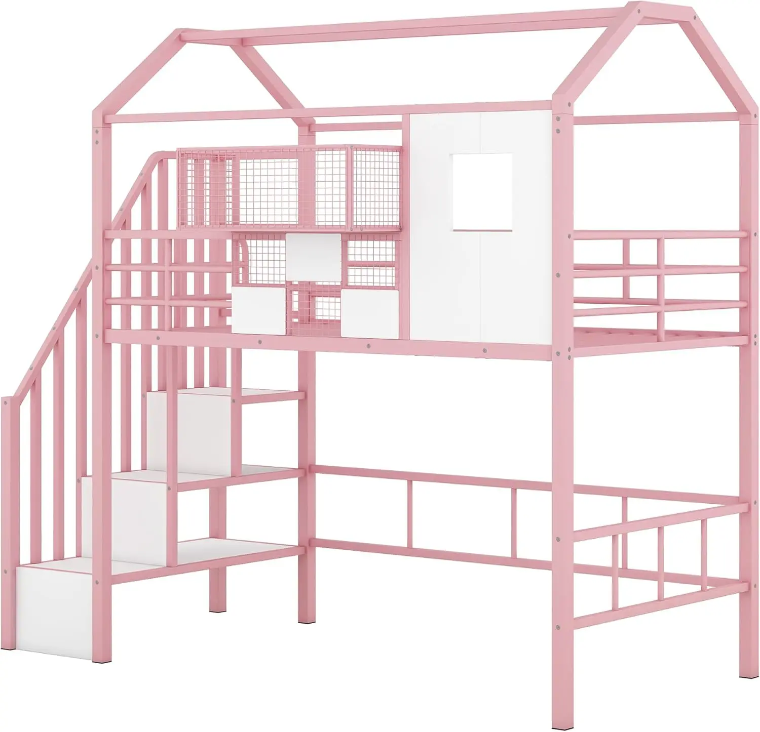 Metal Loft Bed com telhado Design e uma caixa de armazenamento, Twin, Pink